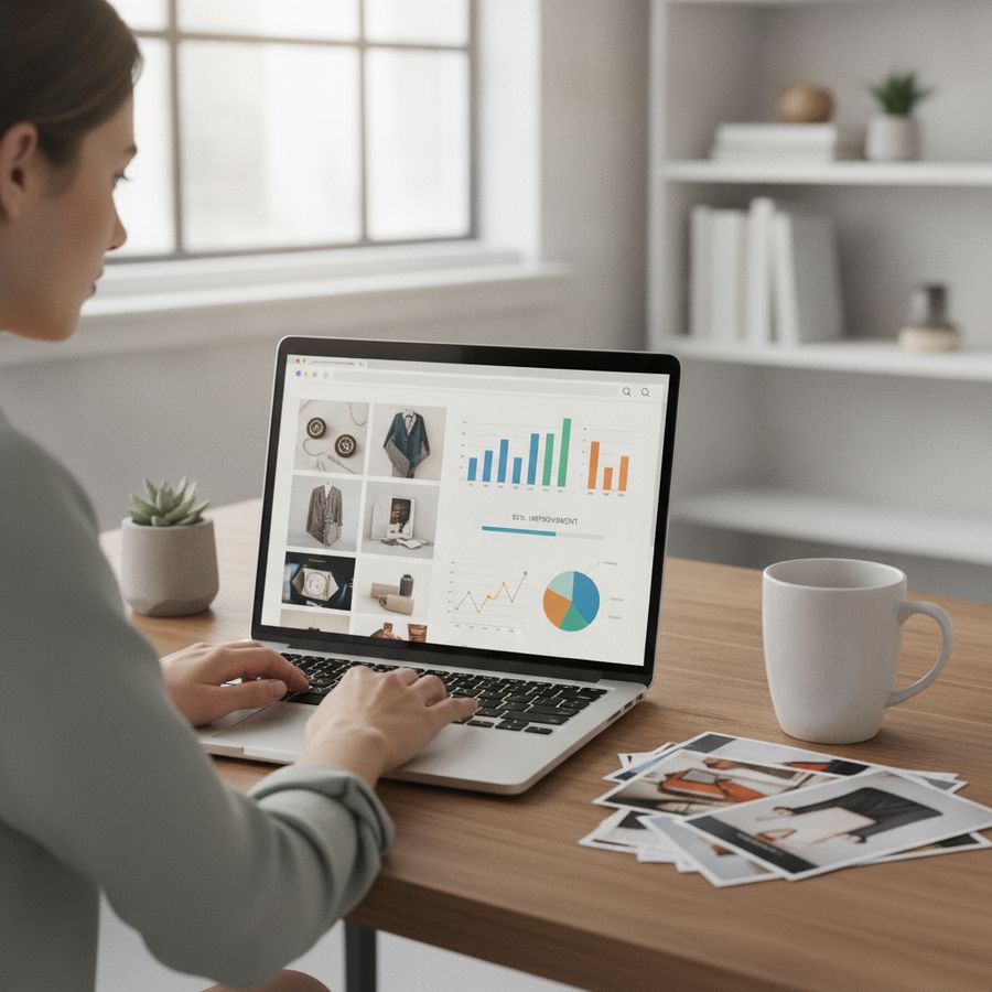 Shopify store owner improving SEO on a laptop in a bright workspace