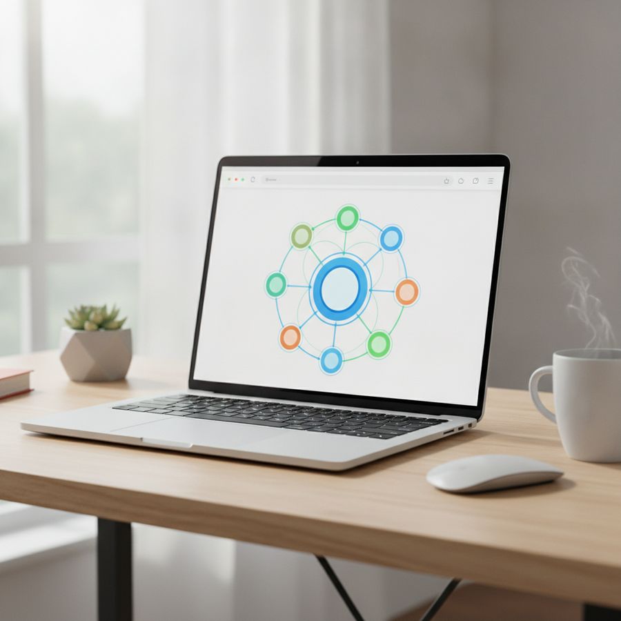 Laptop toont verbonden knooppunten in een heldere clusterstructuur op een opgeruimd bureau.