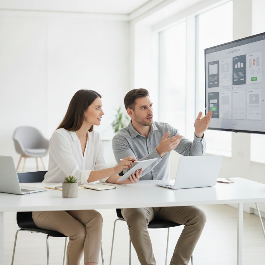 Two coworkers review website update approvals on a monitor and tablet in a bright office.