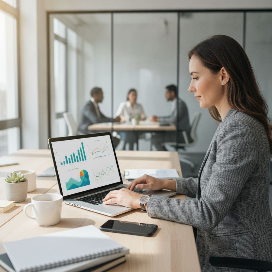 Marketeer bekijkt grafieken op een laptop aan een net bureau in een lichte kantoorruimte.