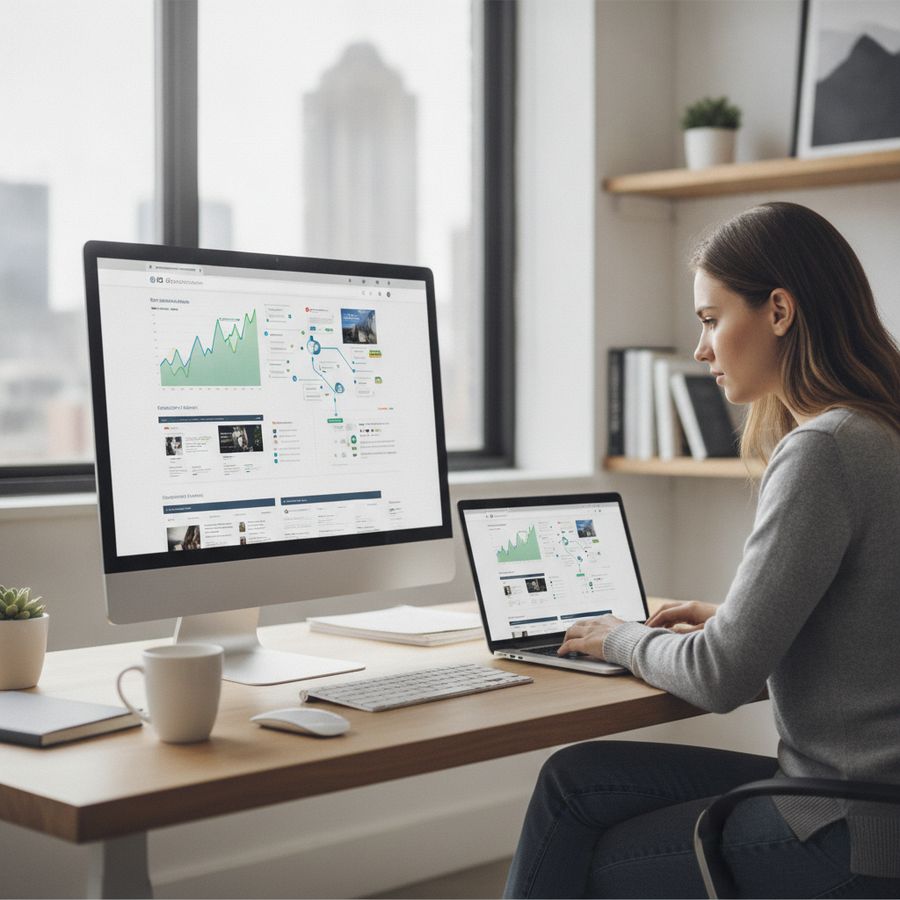 Marketing professional reviews SEO dashboards at a bright desk with monitors and a laptop.