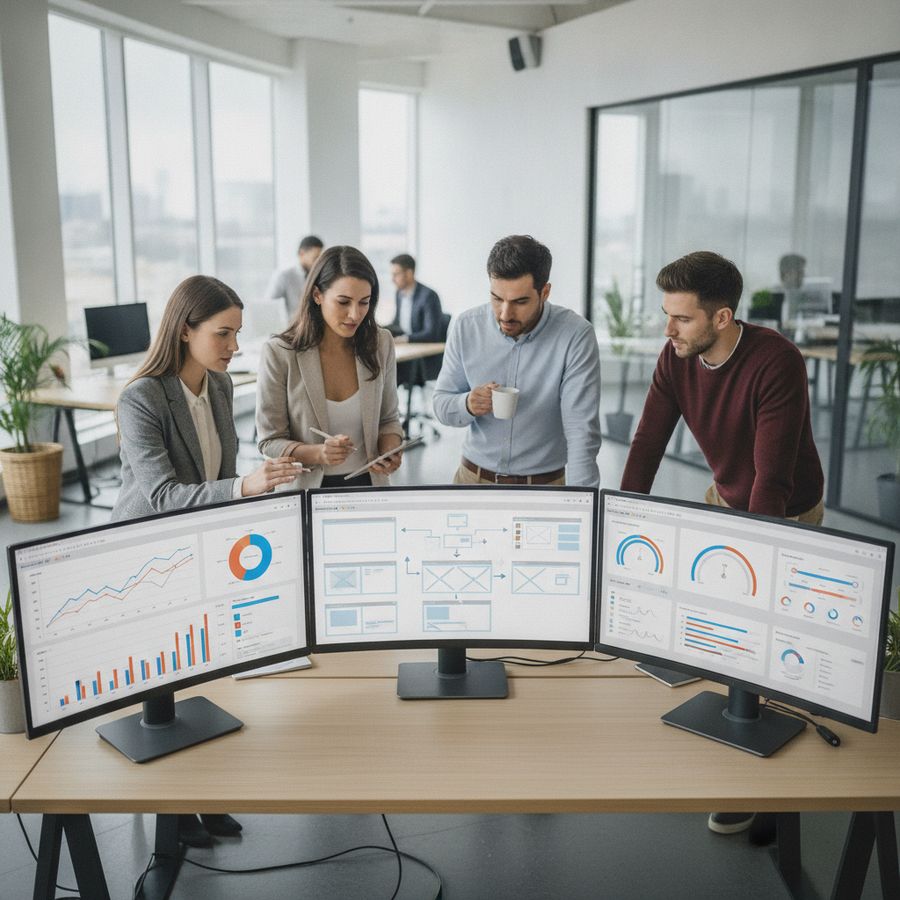 Marketing team reviews website analytics and page layouts on bright monitors in a modern office.