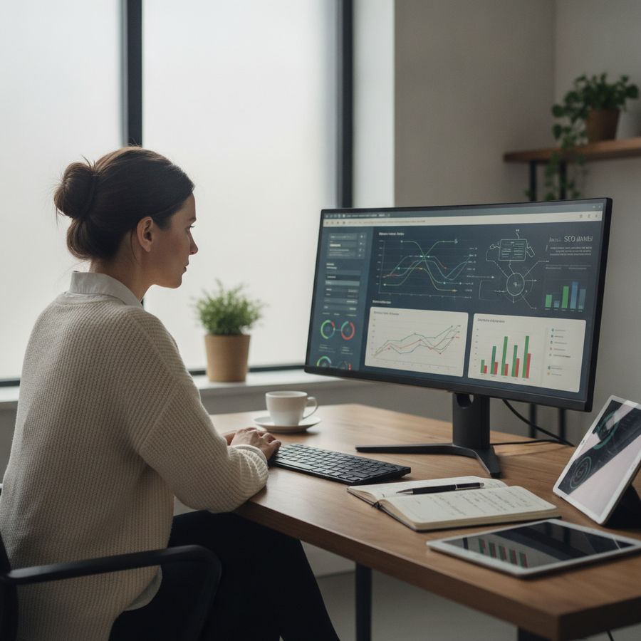 Marketeer bekijkt analytics en websitegegevens op een monitor in een lichte kantoorruimte.