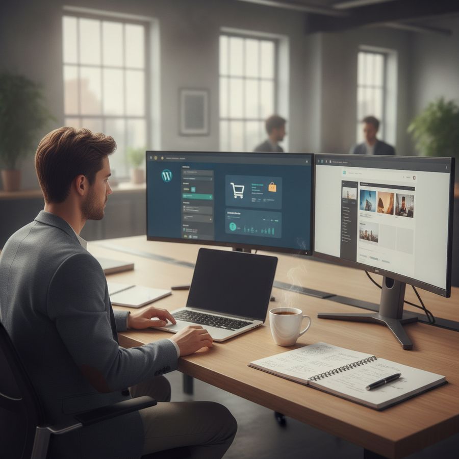 Marketer at a bright desk reviewing website dashboards on multiple screens in a modern office.