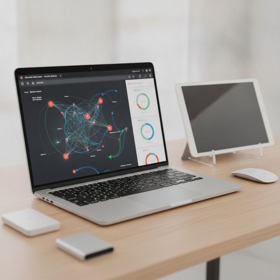 Laptop met technische websiteanalyse op een bureau, helder belicht en zonder zichtbare tekst.