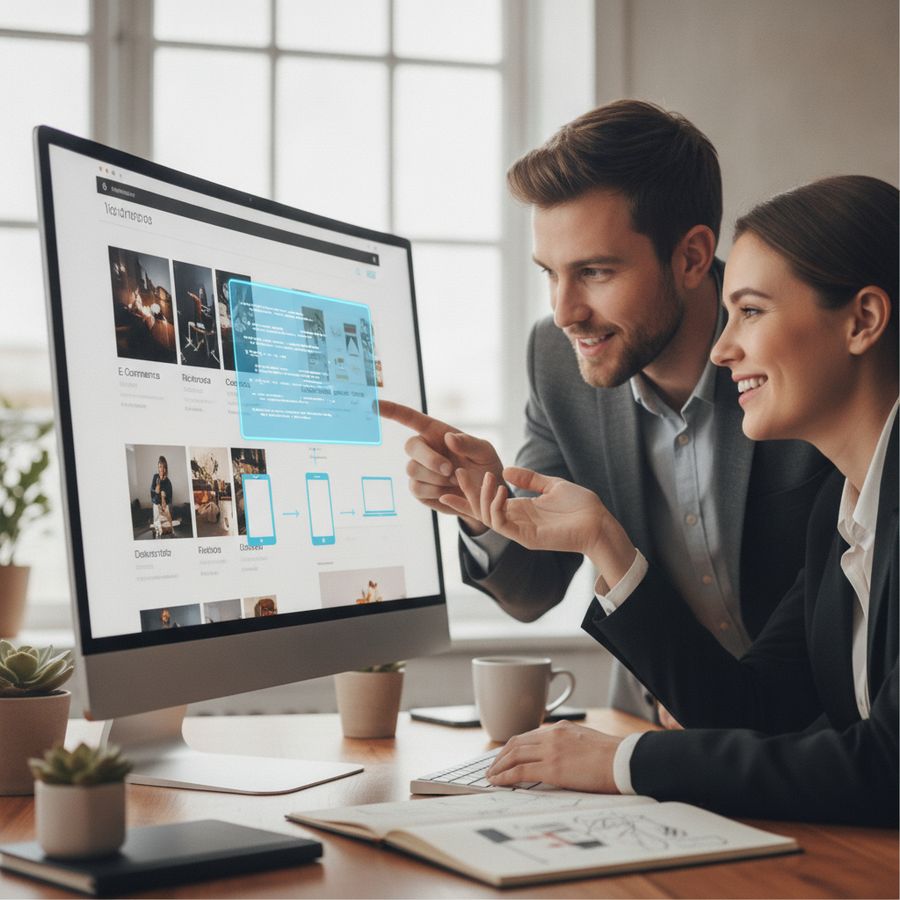 Two colleagues working at a computer in a bright office while setting up a website update workflow.