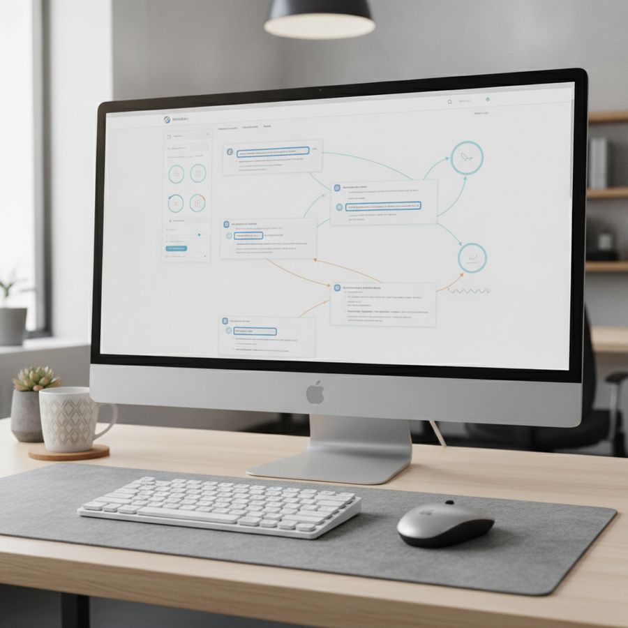 Close-up desk scene with a screen showing linked content blocks and structured page connections in soft daylight.