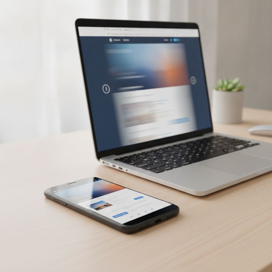 Smartphone en laptop tonen een snelle stabiele website op een helder bureau met zacht daglicht.
