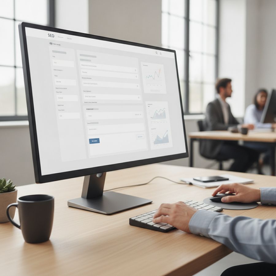 Close-up desk scene with a marketer updating webpage fields on a bright monitor in a clean office.