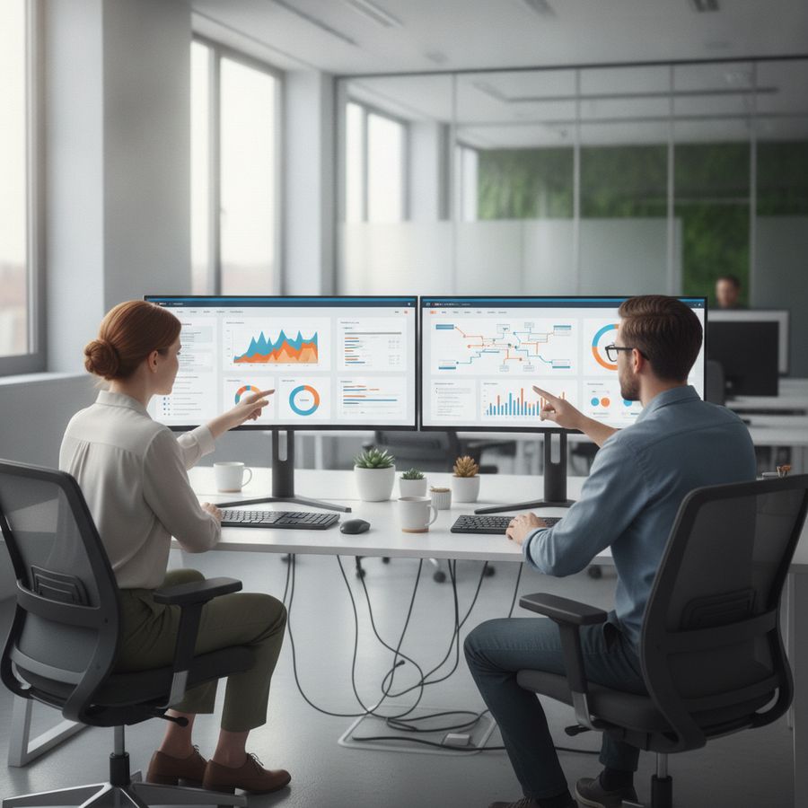 SEO-specialist en developer bekijken dashboards op schermen in een lichte moderne kantoorruimte.