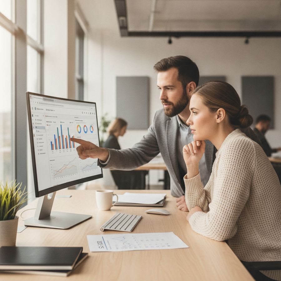Twee professionals bekijken analytics op een scherm aan een helder bureau met notities en laptop.