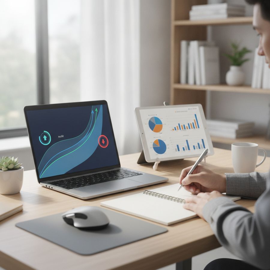 Persoon volgt grafieken op laptop en tablet en maakt notities aan een nette, lichte werkplek.