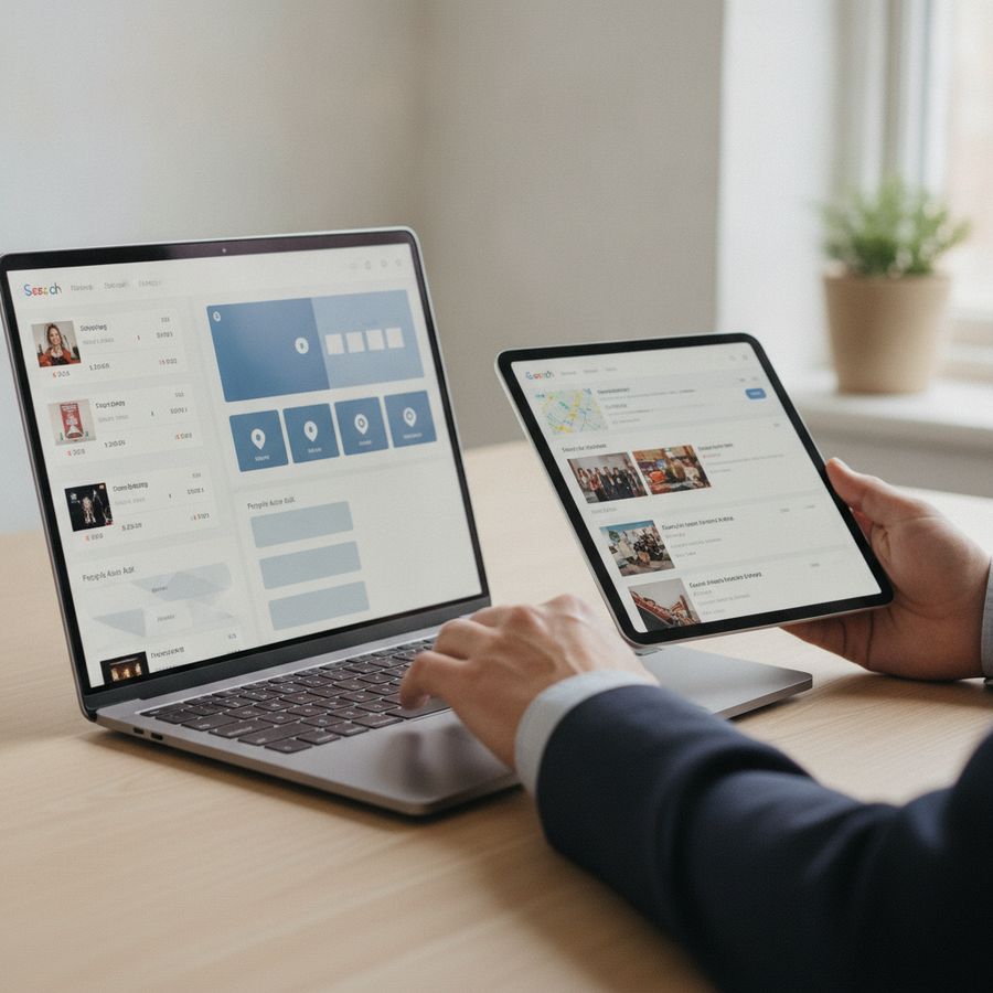Hands use a laptop and tablet showing varied search result layouts on a bright desk.