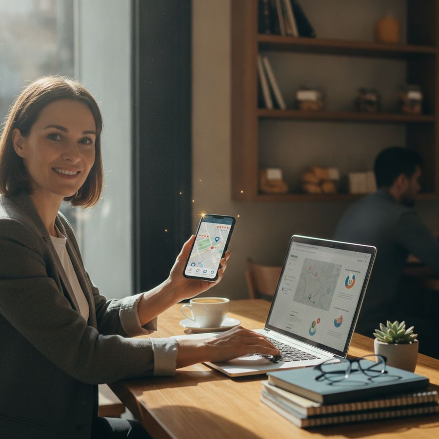 Ondernemer bekijkt klantfeedback en een locatiepagina op laptop en telefoon bij daglicht.