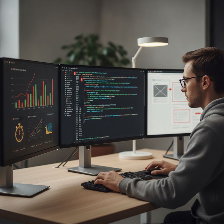 Ontwikkelaar werkt aan meerdere schermen met code en prestatiegrafieken in een lichte kantoorruimte.
