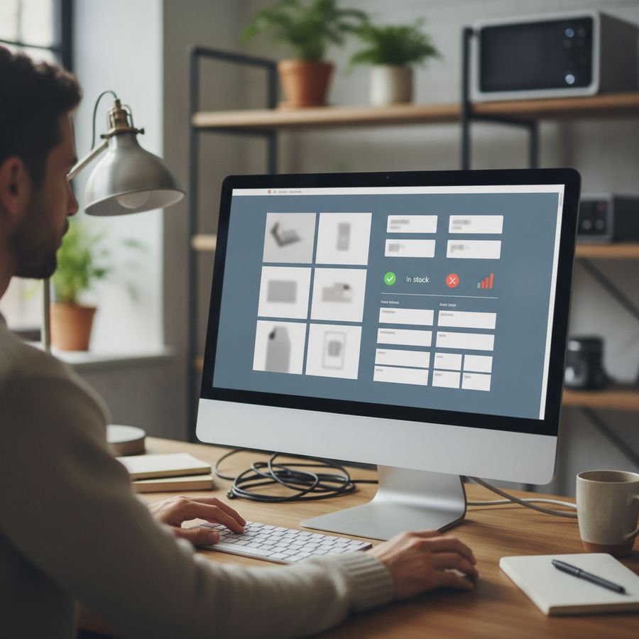 Online store manager checks product details on a bright desktop screen in a tidy workspace.