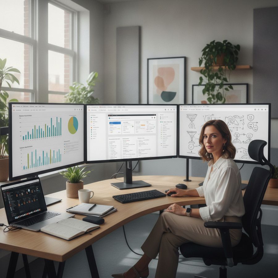 SEO strategist studies search results and planning notes at a bright desk with multiple screens.