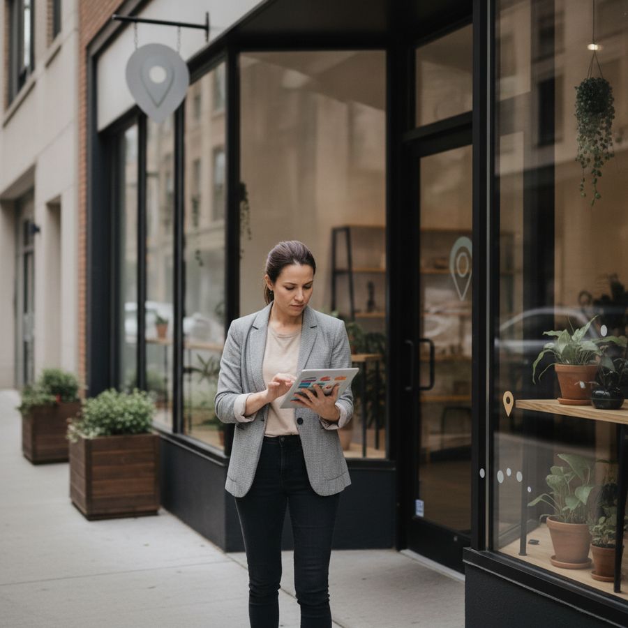 Business owner outside a storefront using a tablet on a bright street with subtle local navigation cues.