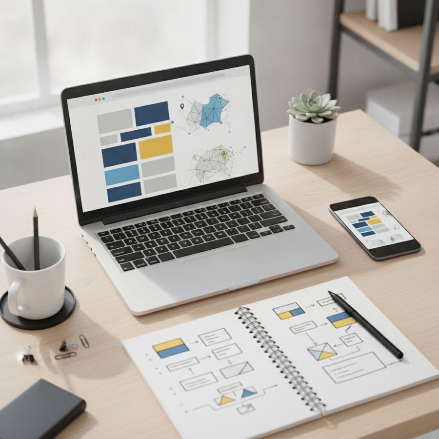 Laptop, phone, and desk items in a bright workspace with abstract website and map visuals on screen.