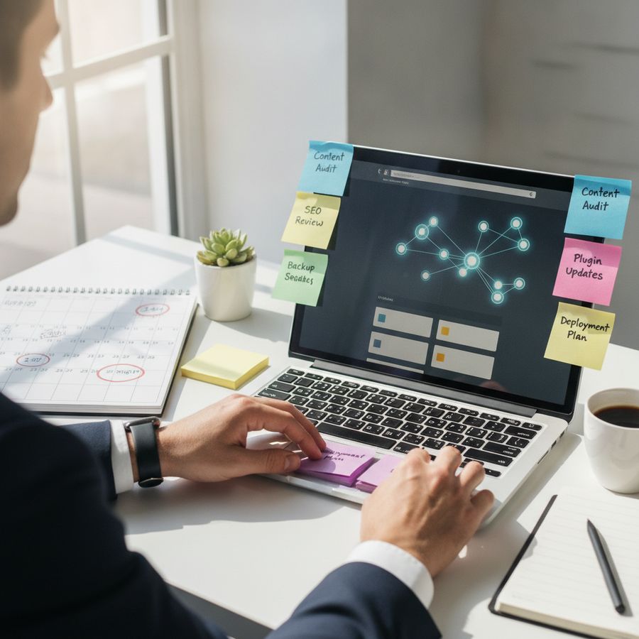 Handen ordenen een planning naast laptop, kalender en notities op een lichte werkplek.