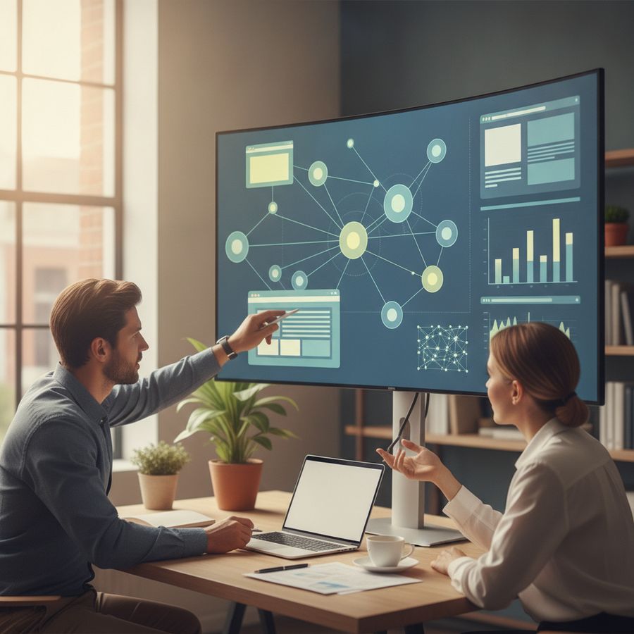 Two marketers review a website map on a bright monitor in a modern office with analytics and linked page visuals.