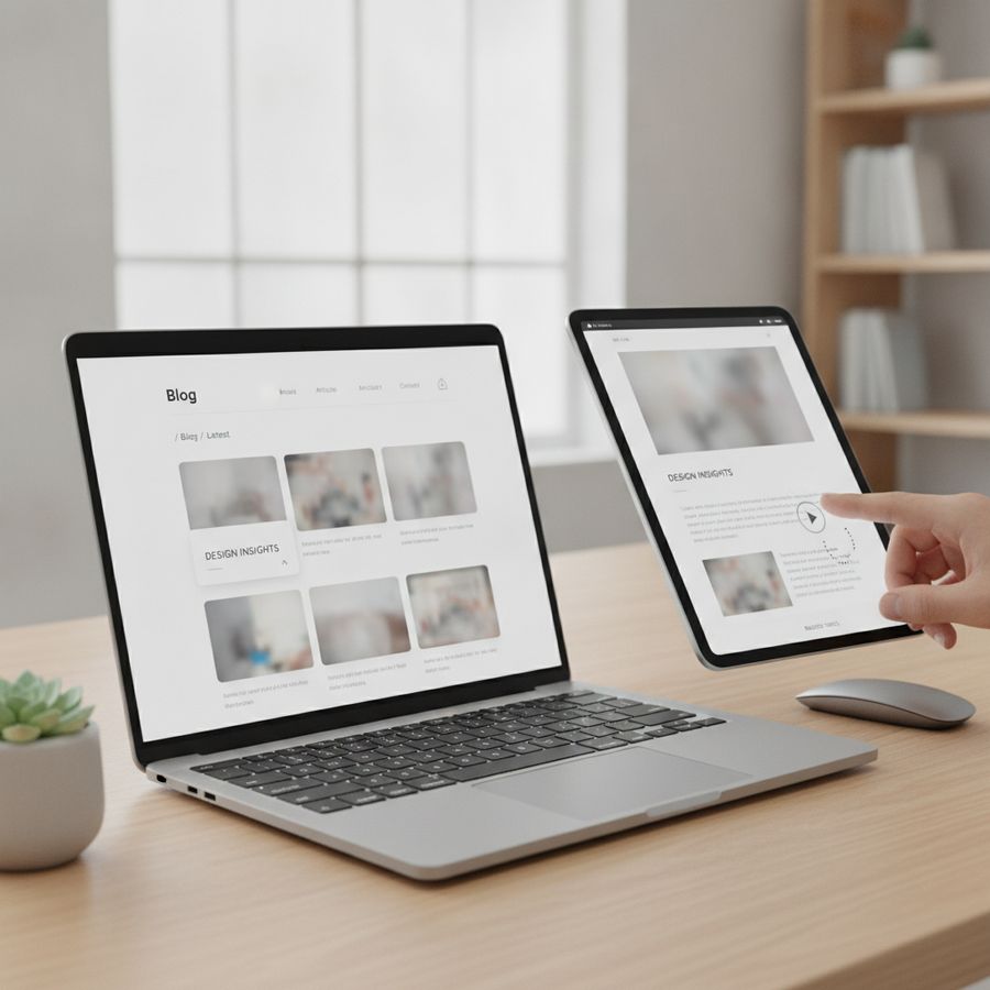 User browses a clean website layout on laptop and tablet at a bright desk.