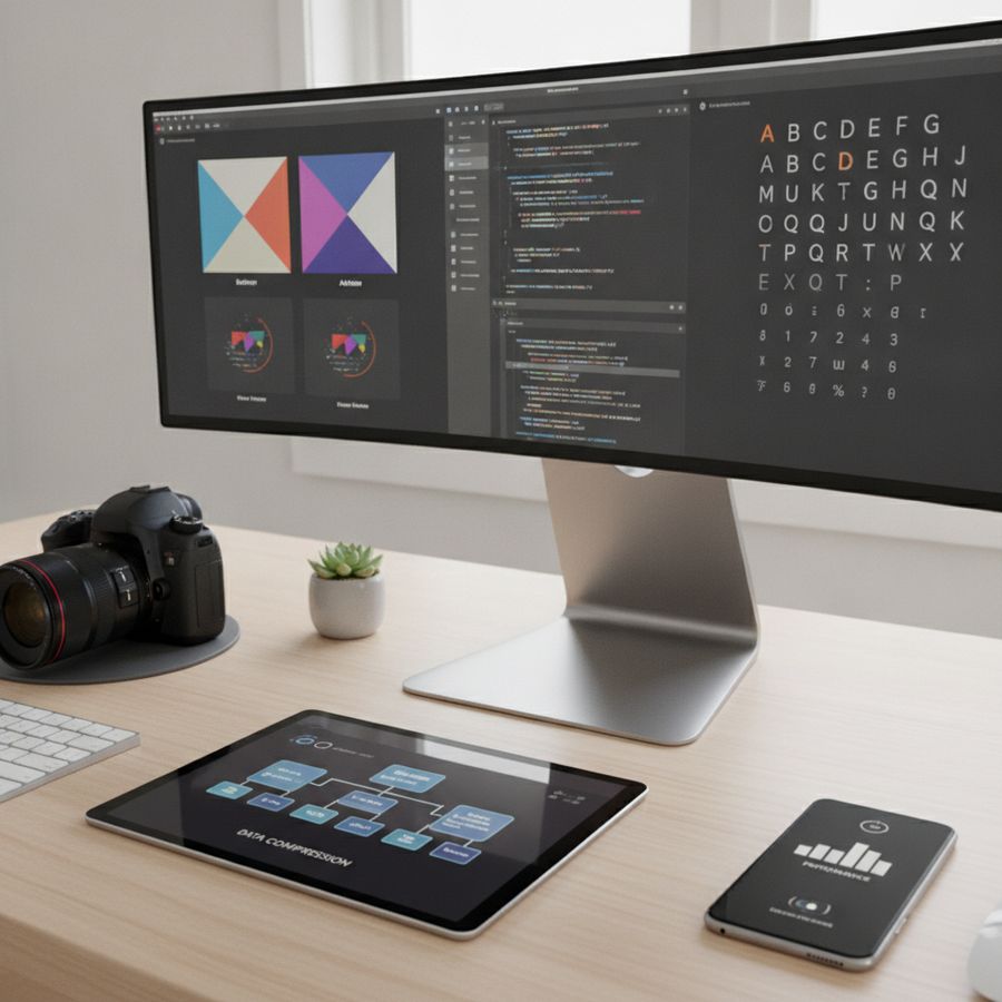 Designer desk with monitor, devices, and visual web assets in a bright workspace.