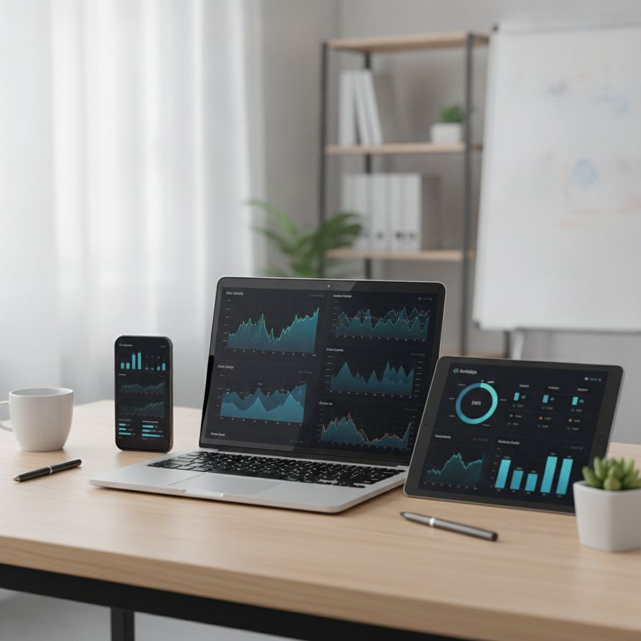 Laptop, tablet en smartphone tonen live dashboards op een helder bureau.