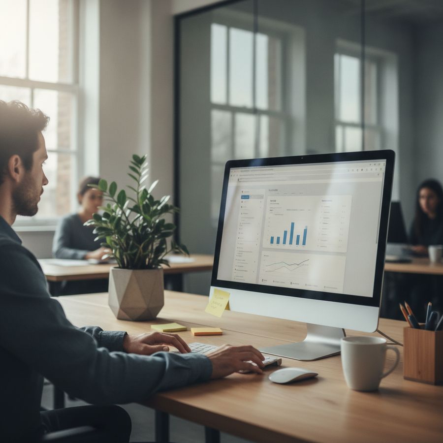 Marketeer bekijkt zoekresultaten en grafieken op een helder scherm in een modern kantoor.