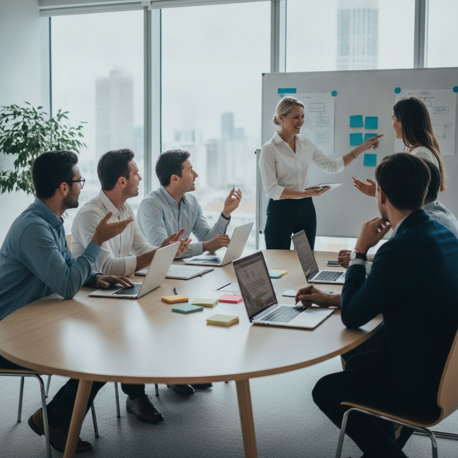 Een salesteam overlegt in een lichte vergaderruimte met laptops en notities op tafel.