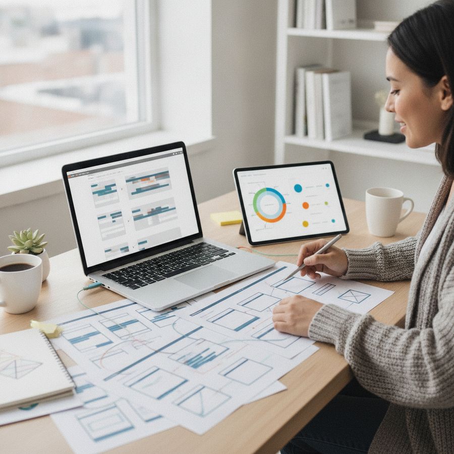 Content strategist plans structured website pages with devices and printed diagrams on a bright desk.