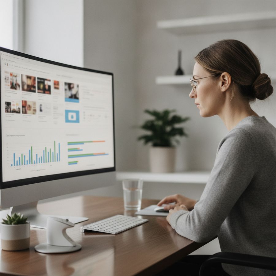 Marketer studies search result layouts on a large monitor in a clean, well-lit office.