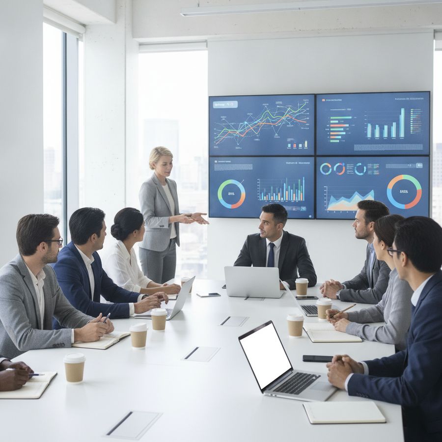 Internationaal team bespreekt dashboards op meerdere schermen in een lichte vergaderruimte.