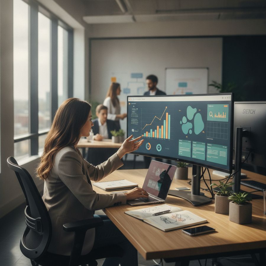 Marketeer bekijkt grafieken en zoekresultaten op een helder scherm in een modern kantoor.