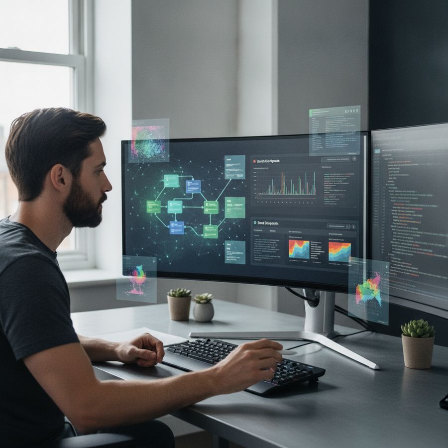 Developer and SEO specialist study site performance on monitors in a bright modern workspace.