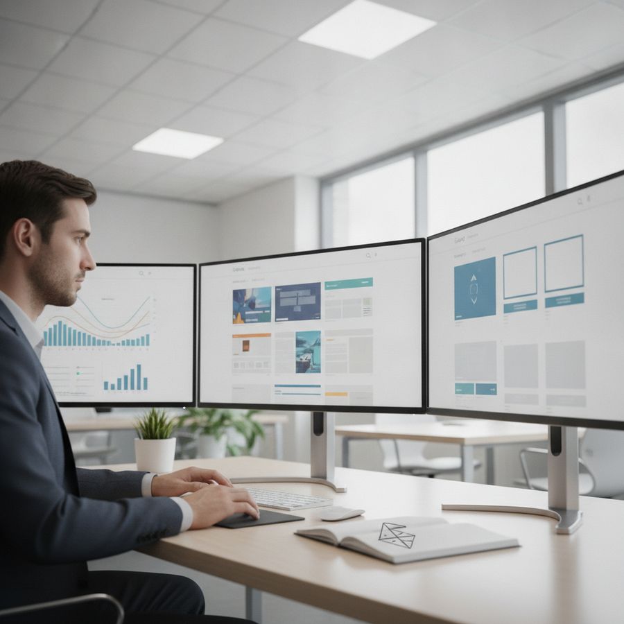 Marketer examines varied search result layouts on large monitors in a bright modern workspace.