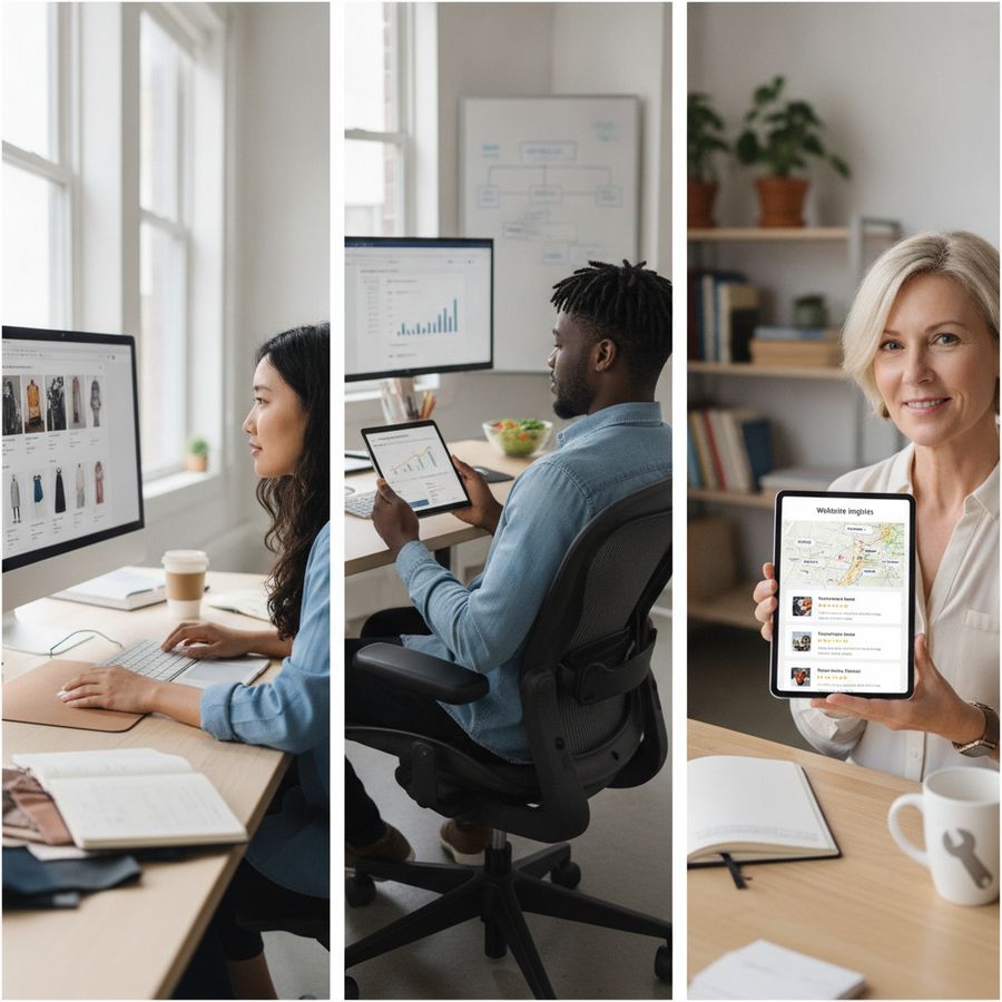 Three professionals review website data on different devices in a bright modern workspace.