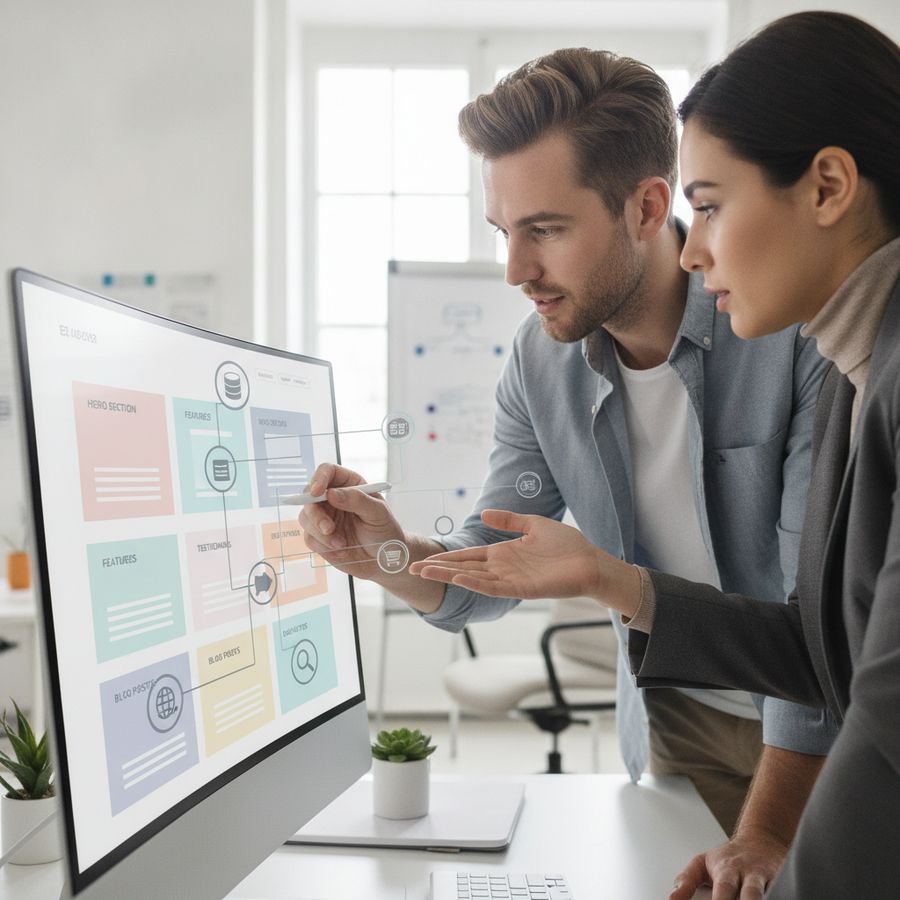 Two professionals study a website layout on a monitor with connected icons in a bright office.