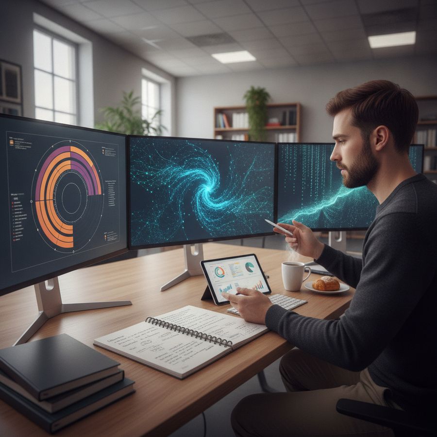 Analyst compares charts across multiple screens at a desk in a bright office with calm, focused atmosphere.