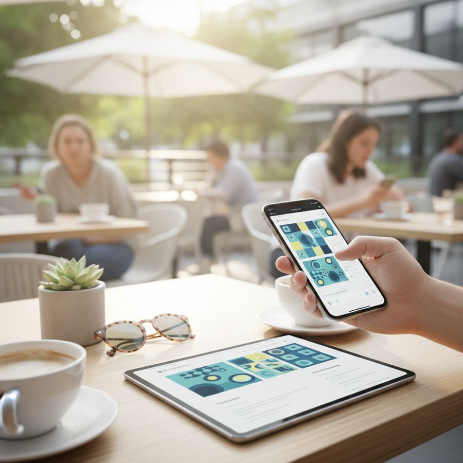 Person uses a smartphone at a bright cafe table with a tablet showing a clean, responsive website layout.