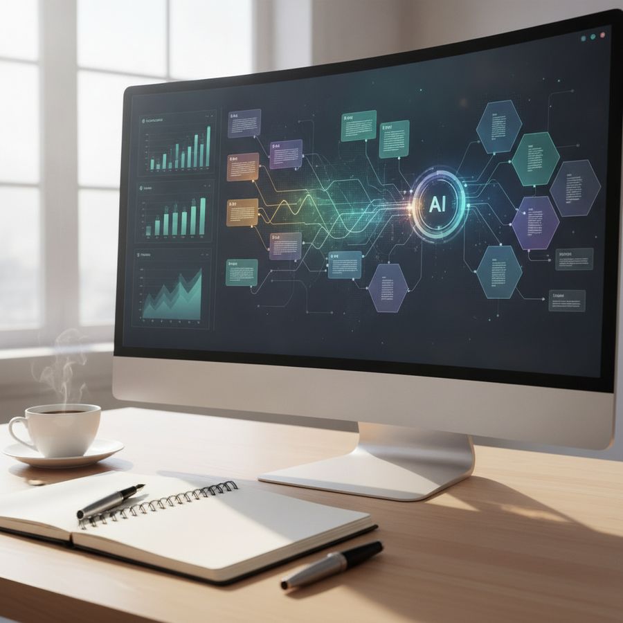 Clean desk with monitor showing abstract structured content layouts and connected data visuals in daylight.