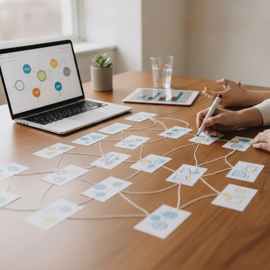 Werktafel met laptop, kaarten en analyses die thematische verbanden in contentplanning tonen.
