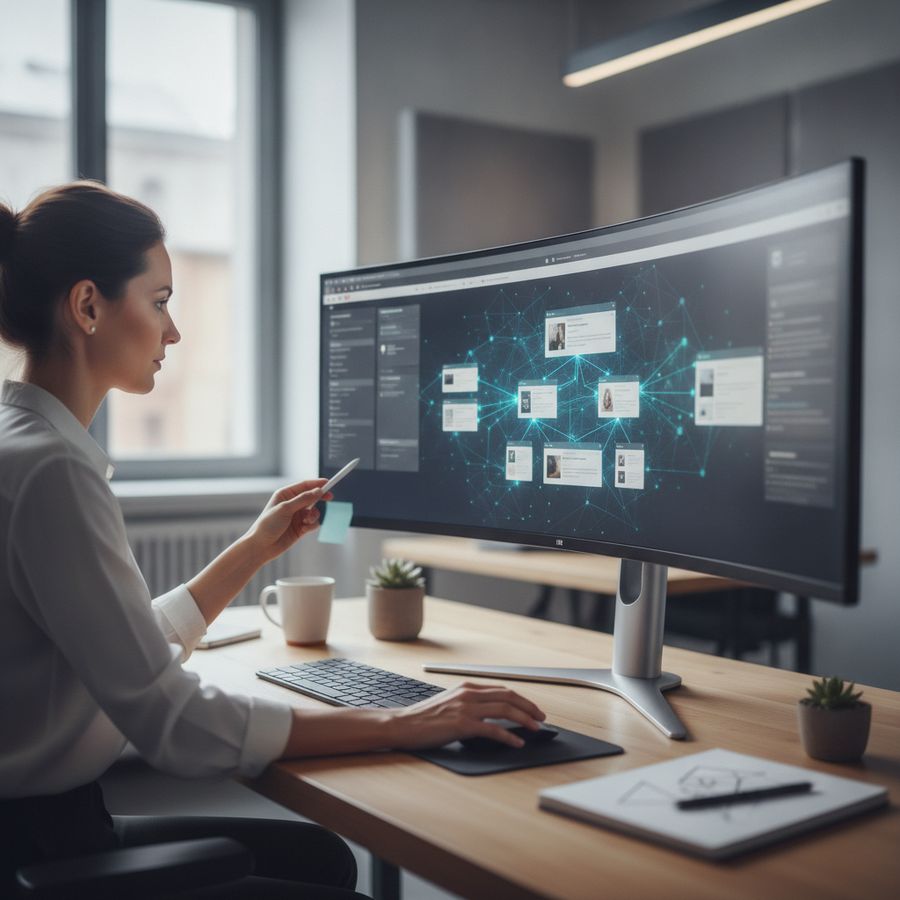 Contentspecialist bekijkt verbonden webpagina's en netwerksignalen op een helder scherm aan een bureau.