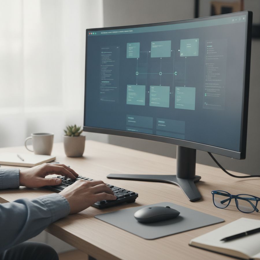 SEO-specialist werkt aan gestructureerde websitegegevens op een monitor in een lichte werkruimte.