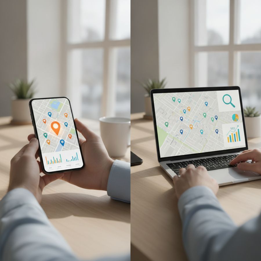 Persoon vergelijkt smartphone en laptop op een lichte werkplek, met focus op mobiele en lokale verschillen.