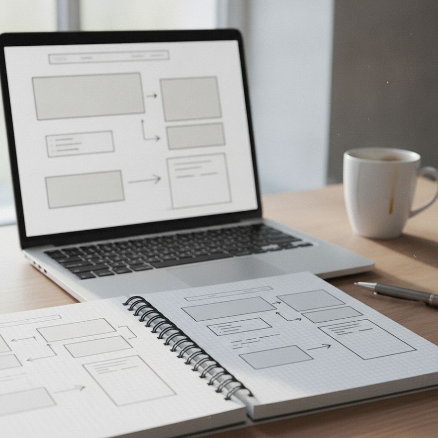 Laptop and notebook with a neatly organized webpage layout, clear content blocks, and a tidy workspace.