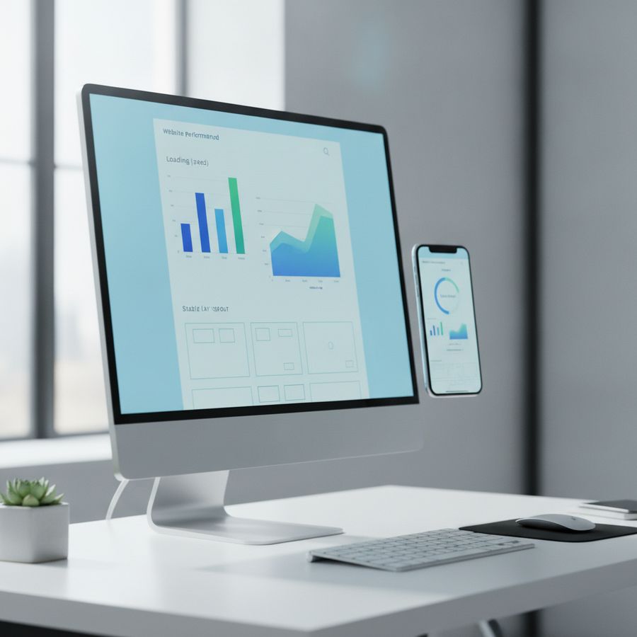 Monitor en smartphone tonen prestatieweergaven in een lichte moderne werkruimte.