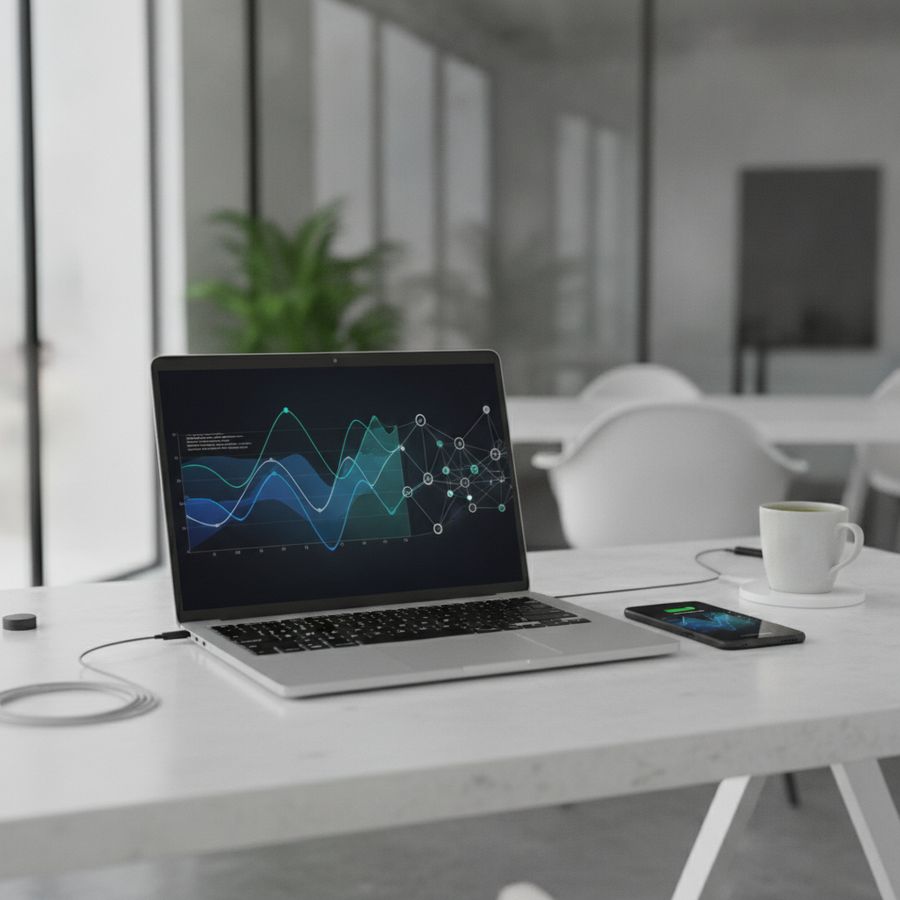 Laptop en telefoon op bureau met visuele analyses in een heldere werkruimte.