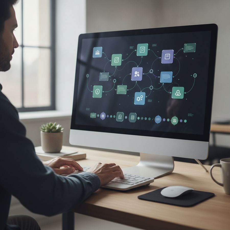 Developer werkt aan gestructureerde contentblokken op een scherm in een lichte werkruimte.