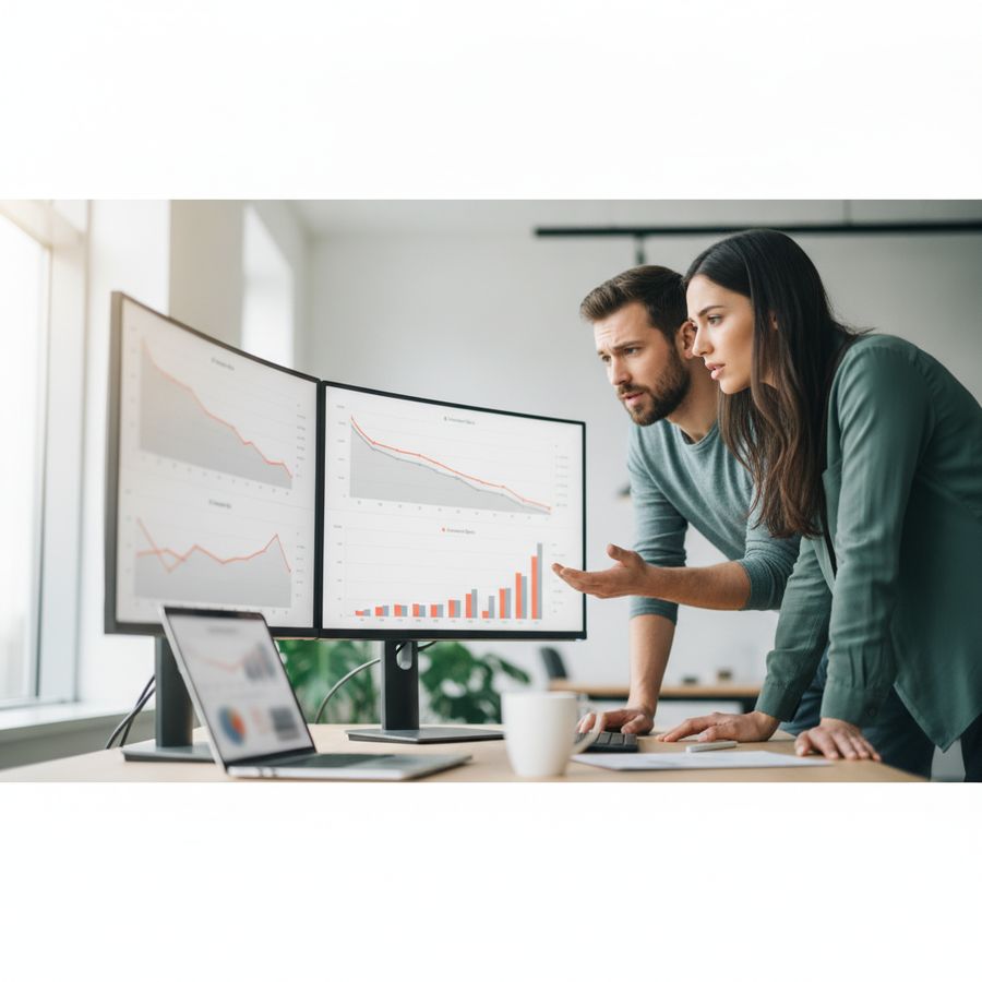 Two professionals study ranking charts on bright monitors in a clean office with a focused mood.